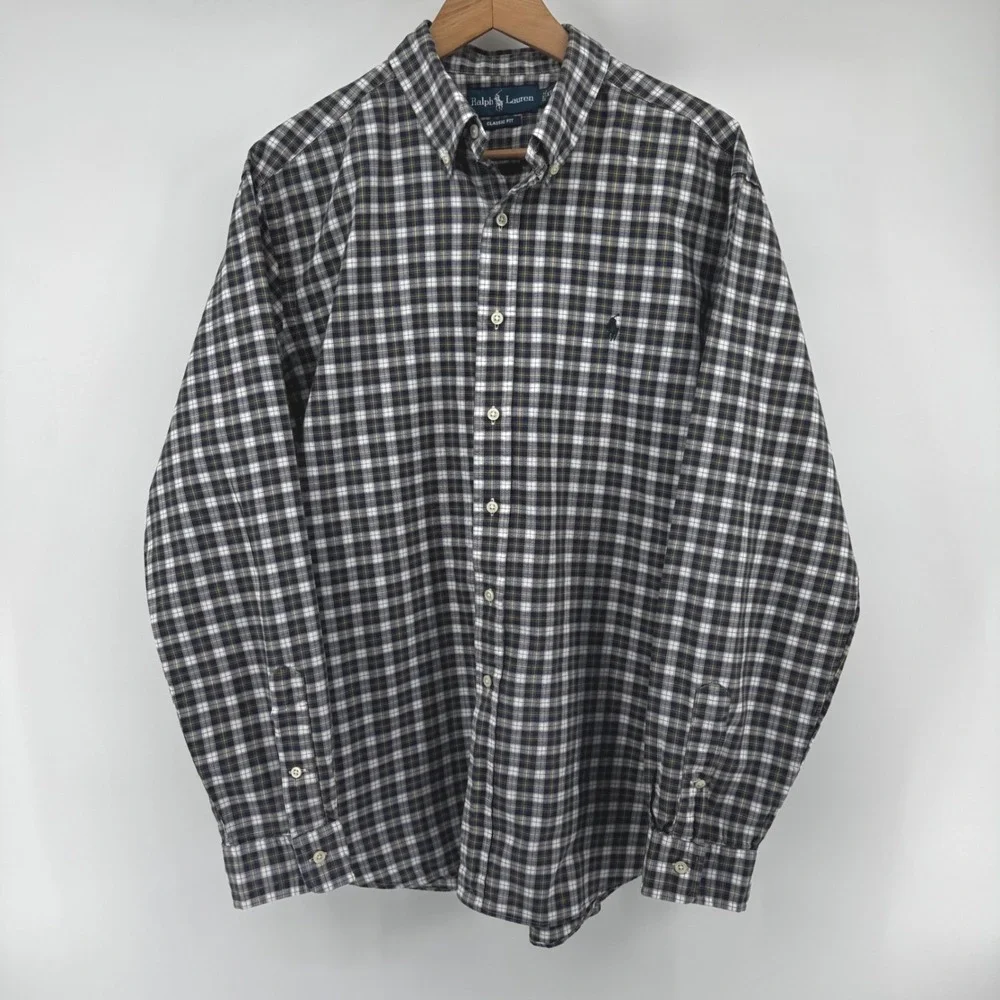 Ralph Lauren Classic Fit Mens XL Plaid Button Down‎ Shirt Navy White Yellow Pony
